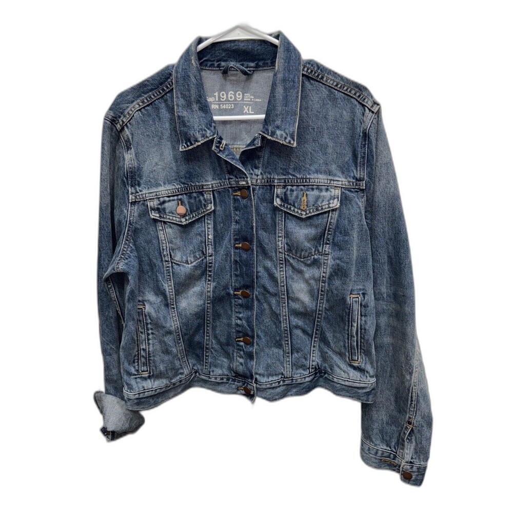 GAP 1969 Denim Jean Jacket Copper Buttons XL Medium Wash Upcycled Cotton